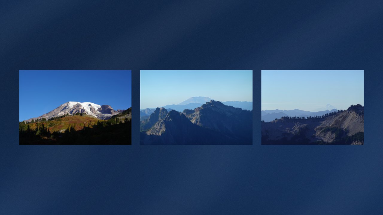 Three views of Mount Rainier and the Cascades on a deep blue wall